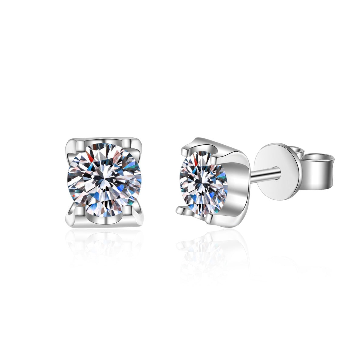 Square Moissanite Stud Earrings with CZ in Rhodium-Plated S925 Sterling Silver on clean white background showing the pair, setting, and stud earrings silhouette
