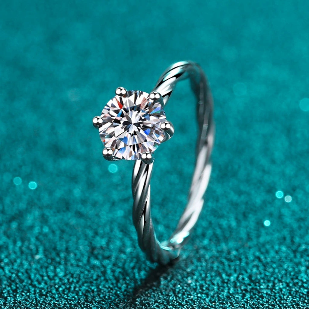Round Moissanite Ring product view showing moissanite setting and rhodium finish