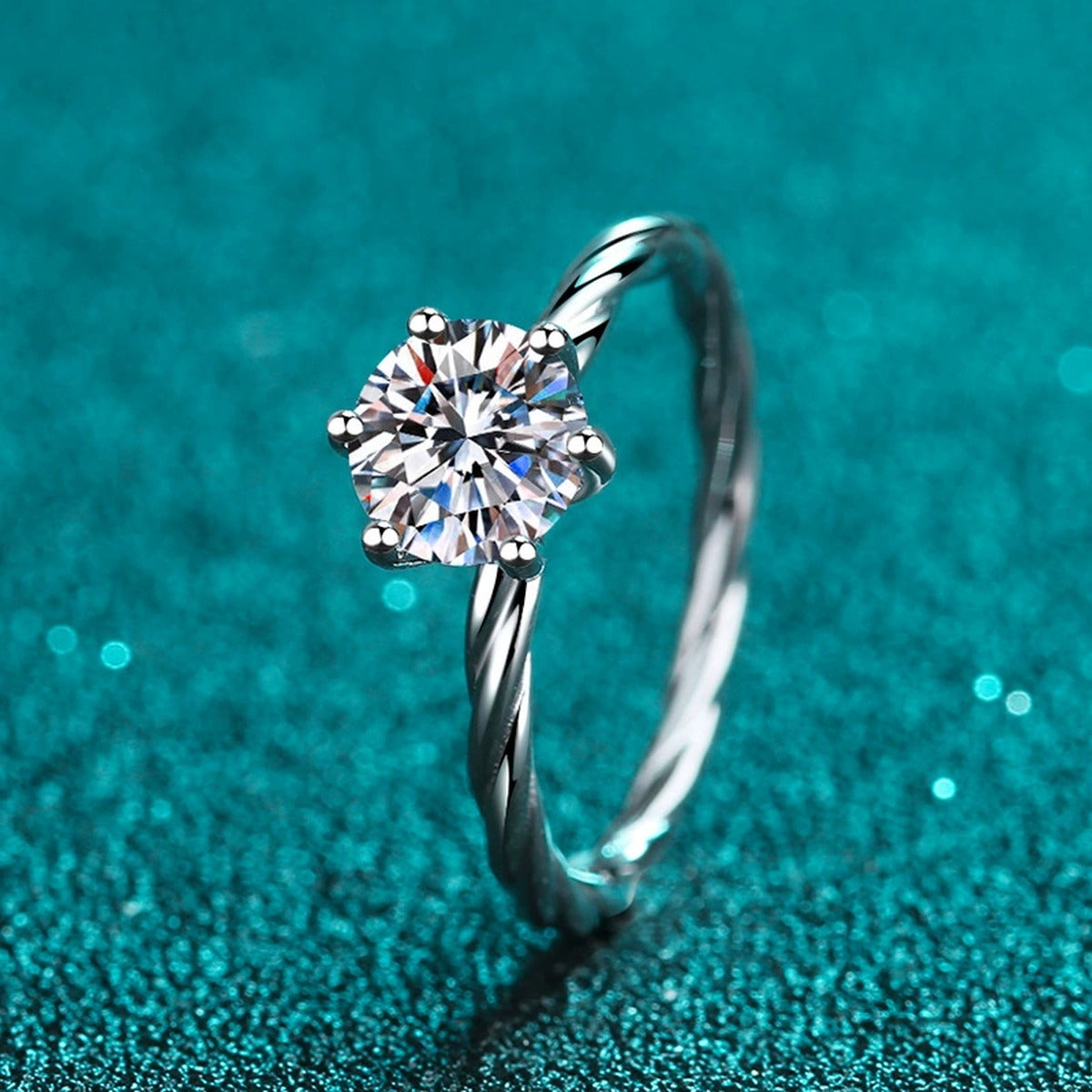Round Moissanite Ring product view showing moissanite setting and rhodium finish