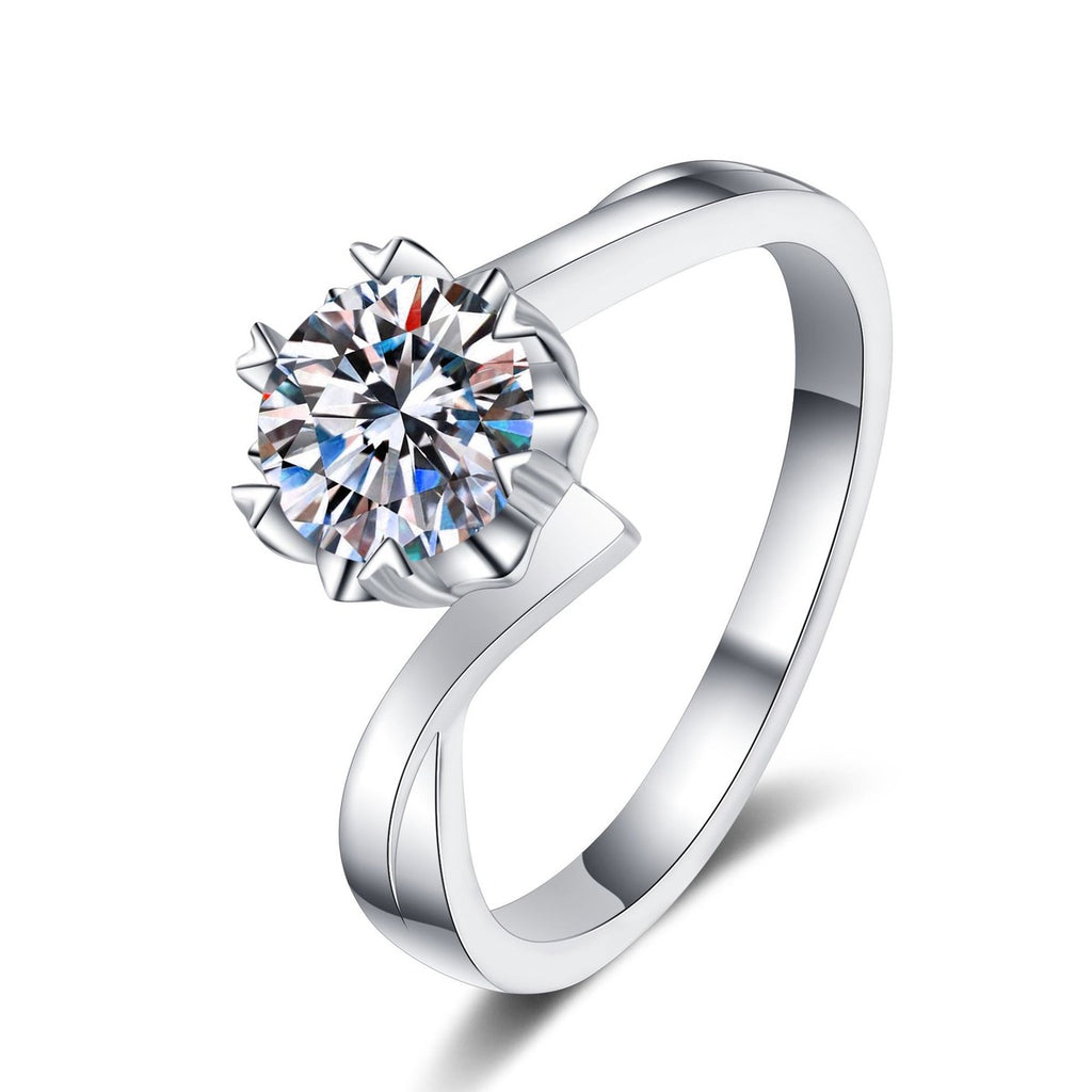 Round Moissanite Solitaire Ring in rhodium-plated S925 sterling silver on clean white background