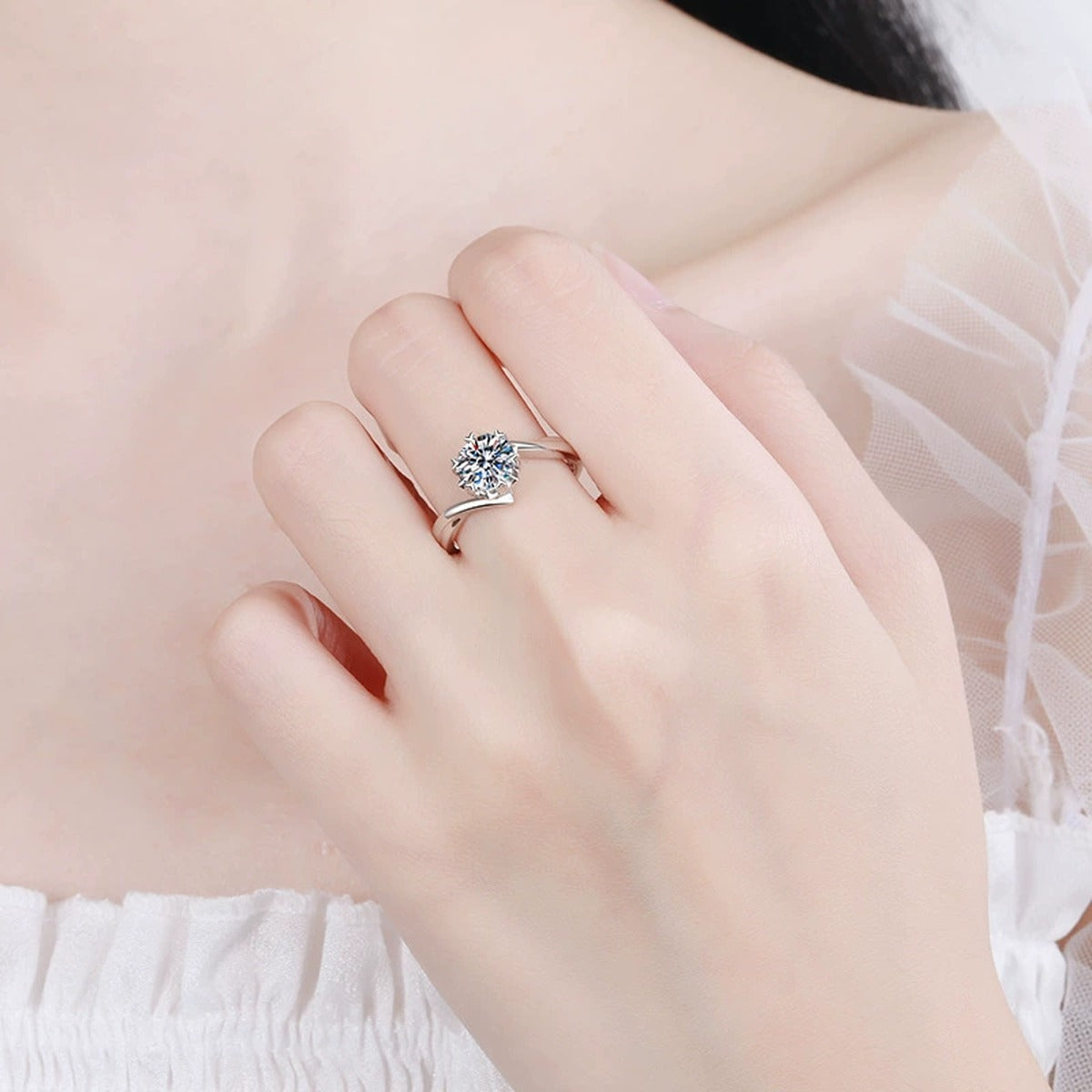 Round Moissanite Solitaire Ring worn on hand to show scale and ring profile