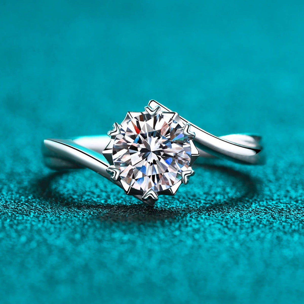 Round Moissanite Solitaire Ring product view showing moissanite setting and rhodium finish