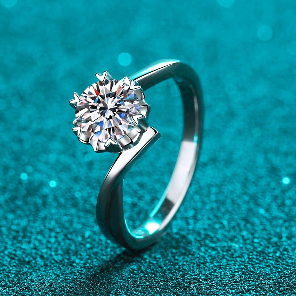 Round Moissanite Solitaire Ring product view showing moissanite setting and rhodium finish