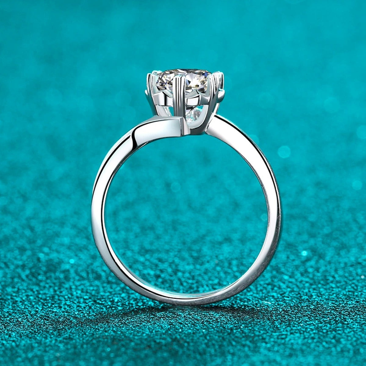 Round Moissanite Solitaire Ring product view showing moissanite setting and rhodium finish