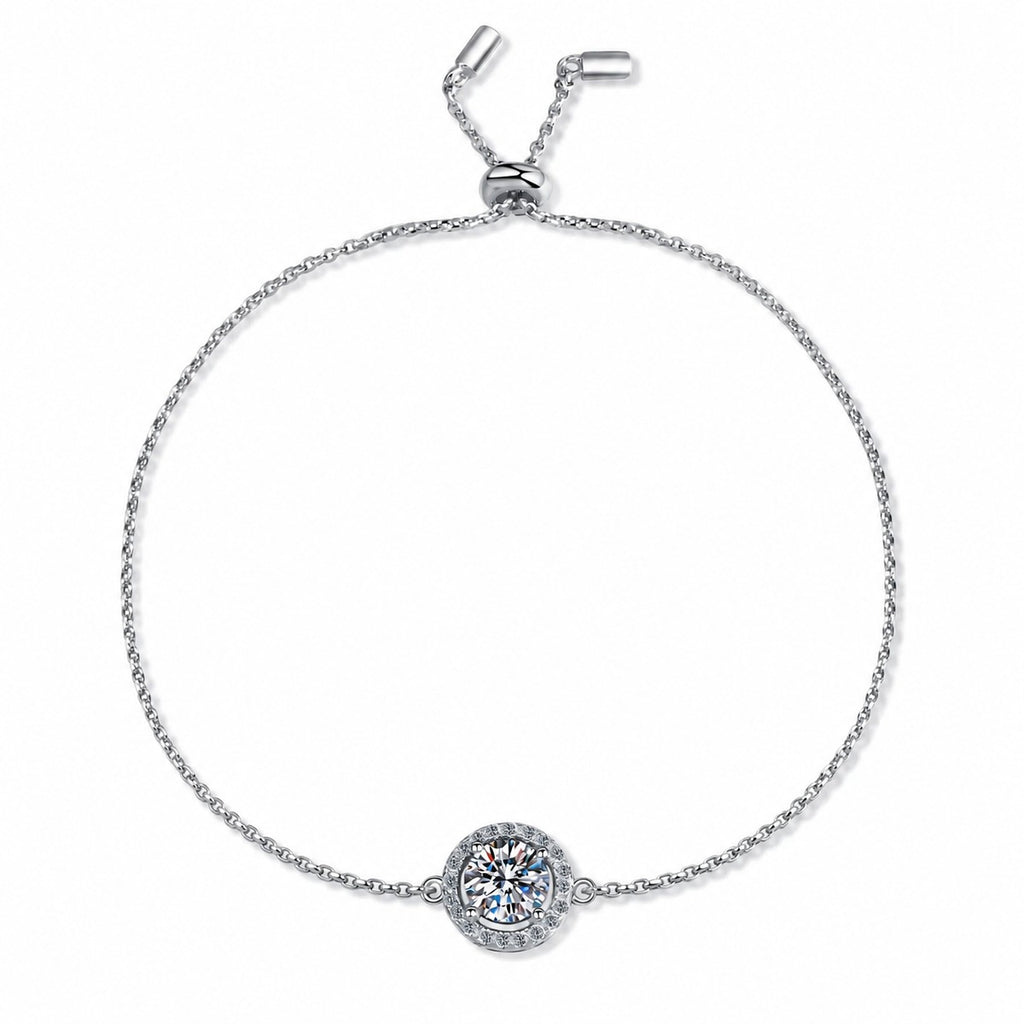 Round Halo Moissanite Adjustable Bracelet in Rhodium-Plated S925 sterling silver styled product scene showing stone sparkle and chain detail
