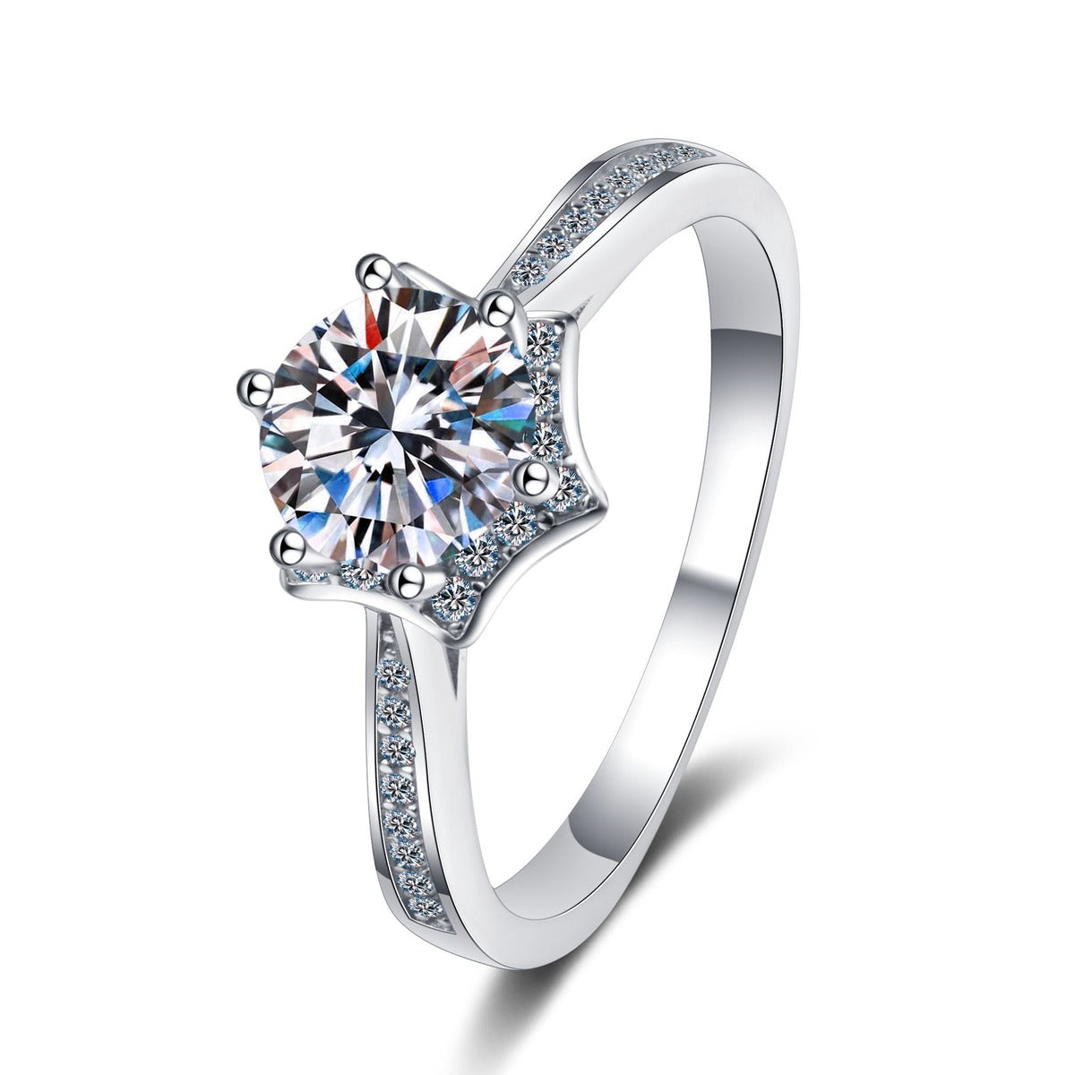 Round Moissanite Ring with CZ in rhodium-plated S925 sterling silver on clean white background