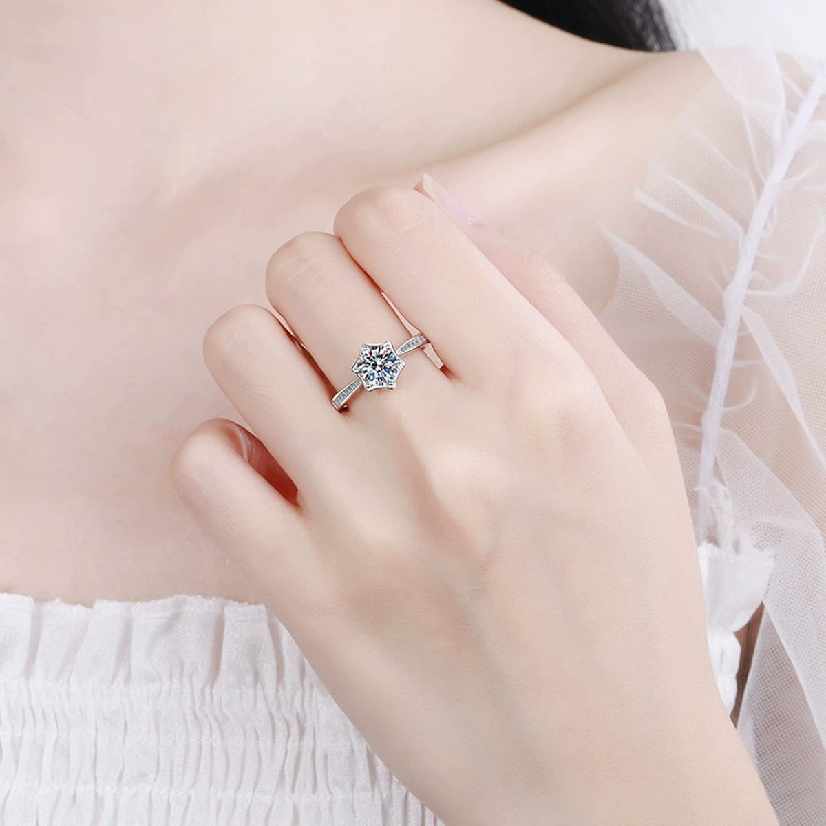 Round Moissanite Ring with CZ worn on hand to show scale and ring profile