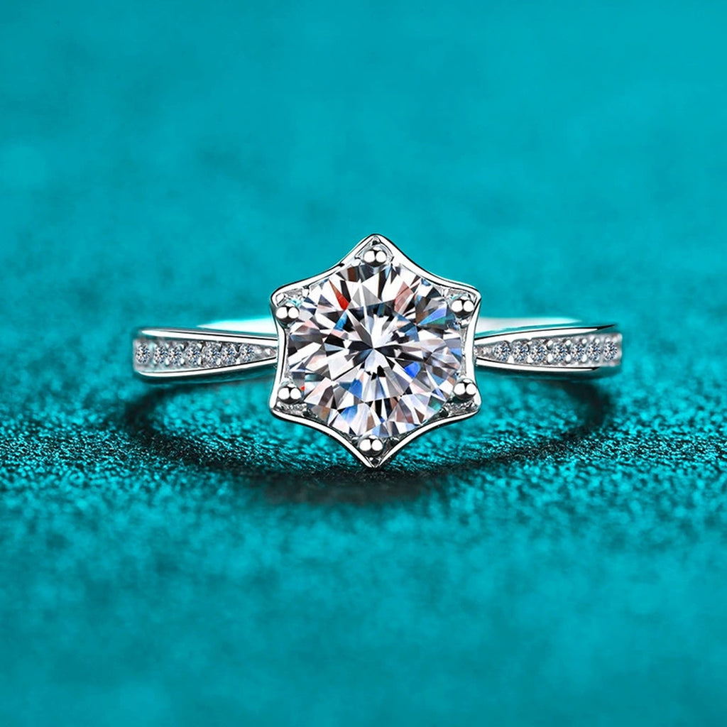 Round Moissanite Ring with CZ product view showing moissanite setting and rhodium finish