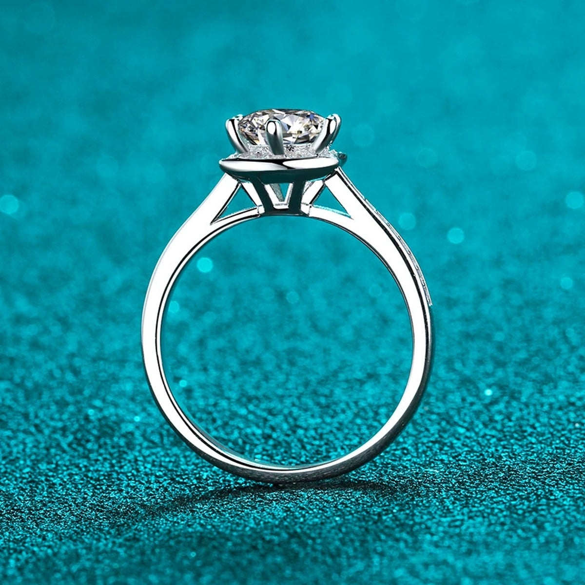 Round Moissanite Ring with CZ product view showing moissanite setting and rhodium finish
