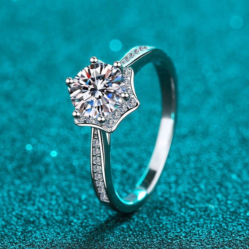 Round Moissanite Ring with CZ product view showing moissanite setting and rhodium finish