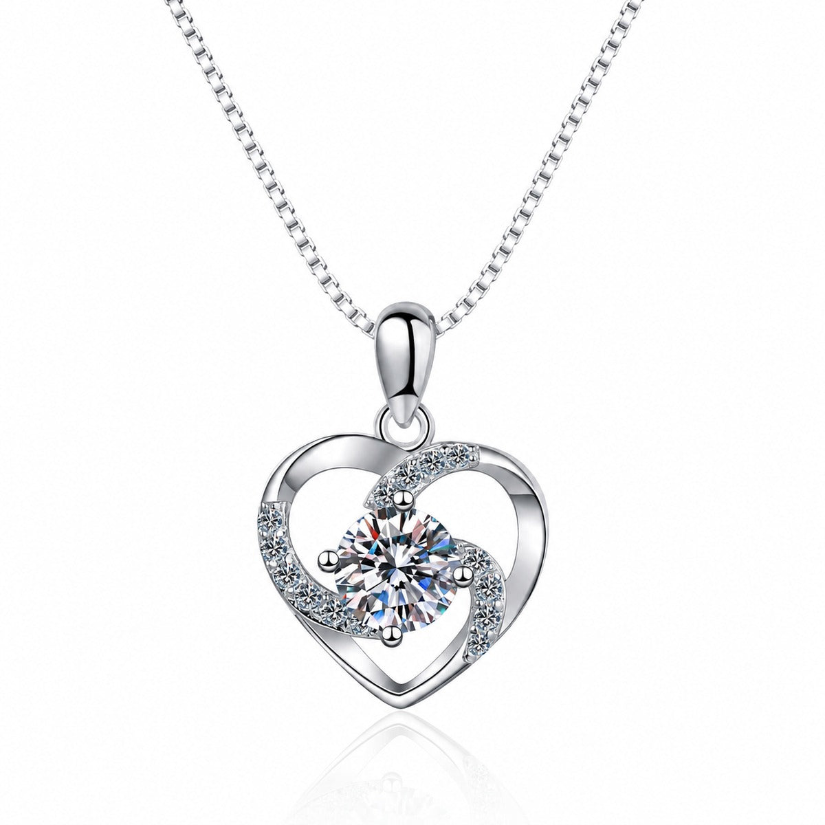 Heart Moissanite Pendant Necklace with CZ in Rhodium-Plated S925 sterling silver on white background showing pendant shape and round moissanite