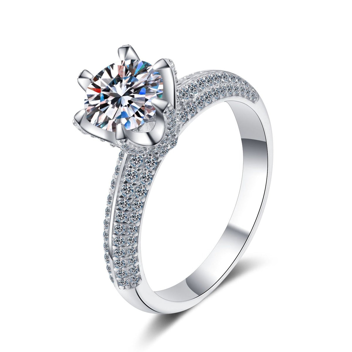 Round Moissanite Side Stone Ring with CZ in rhodium-plated S925 sterling silver on clean white background