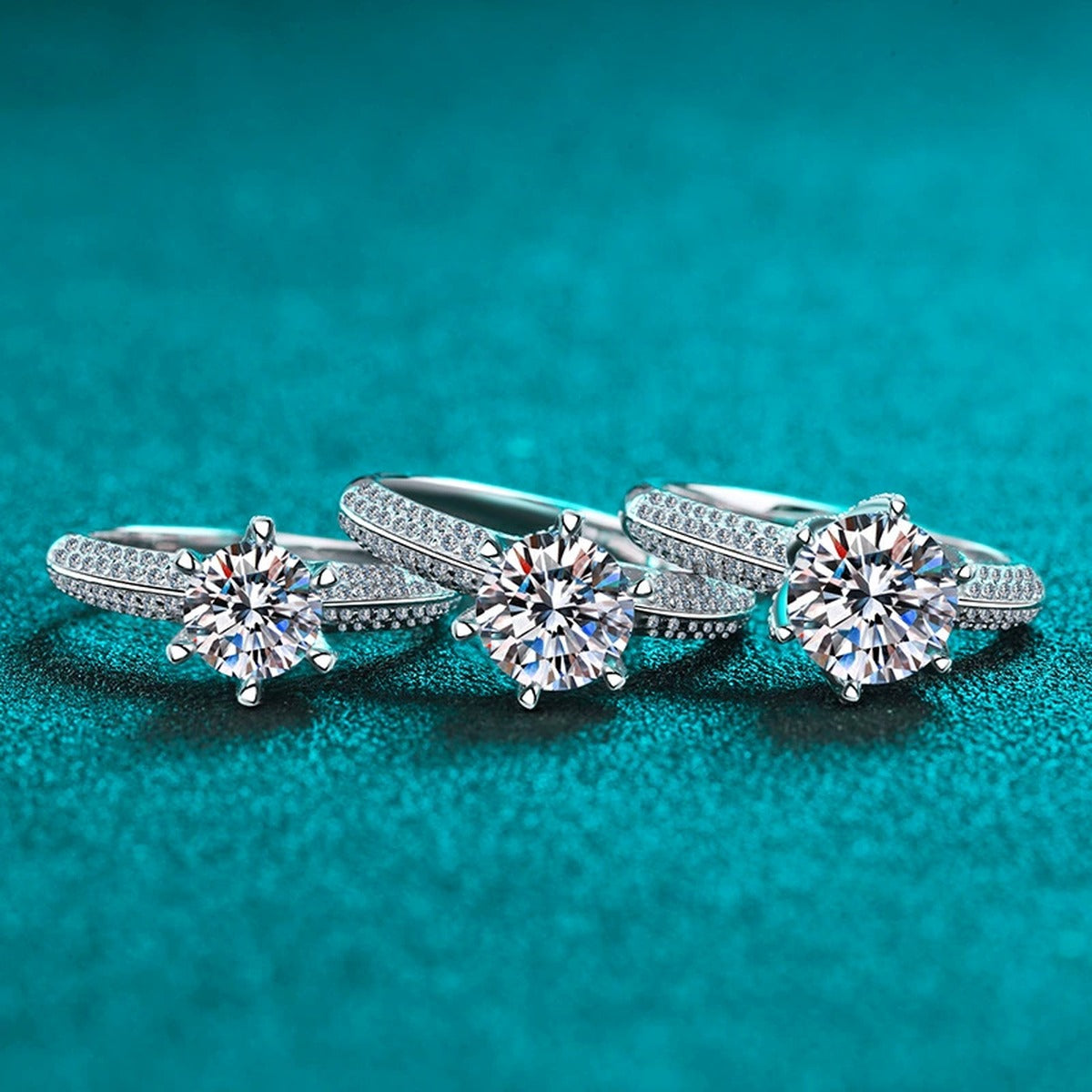 Round Moissanite Side Stone Ring with CZ product view showing moissanite setting and rhodium finish