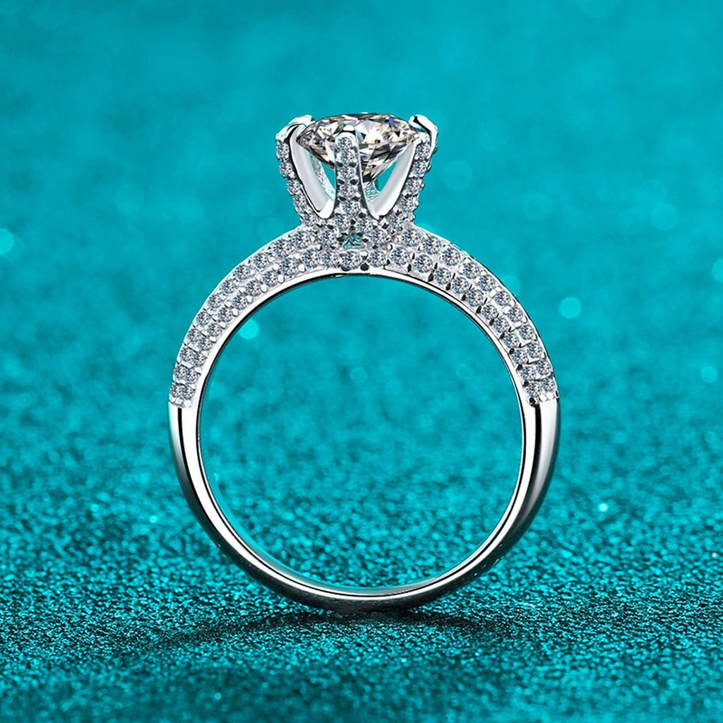 Round Moissanite Side Stone Ring with CZ product view showing moissanite setting and rhodium finish