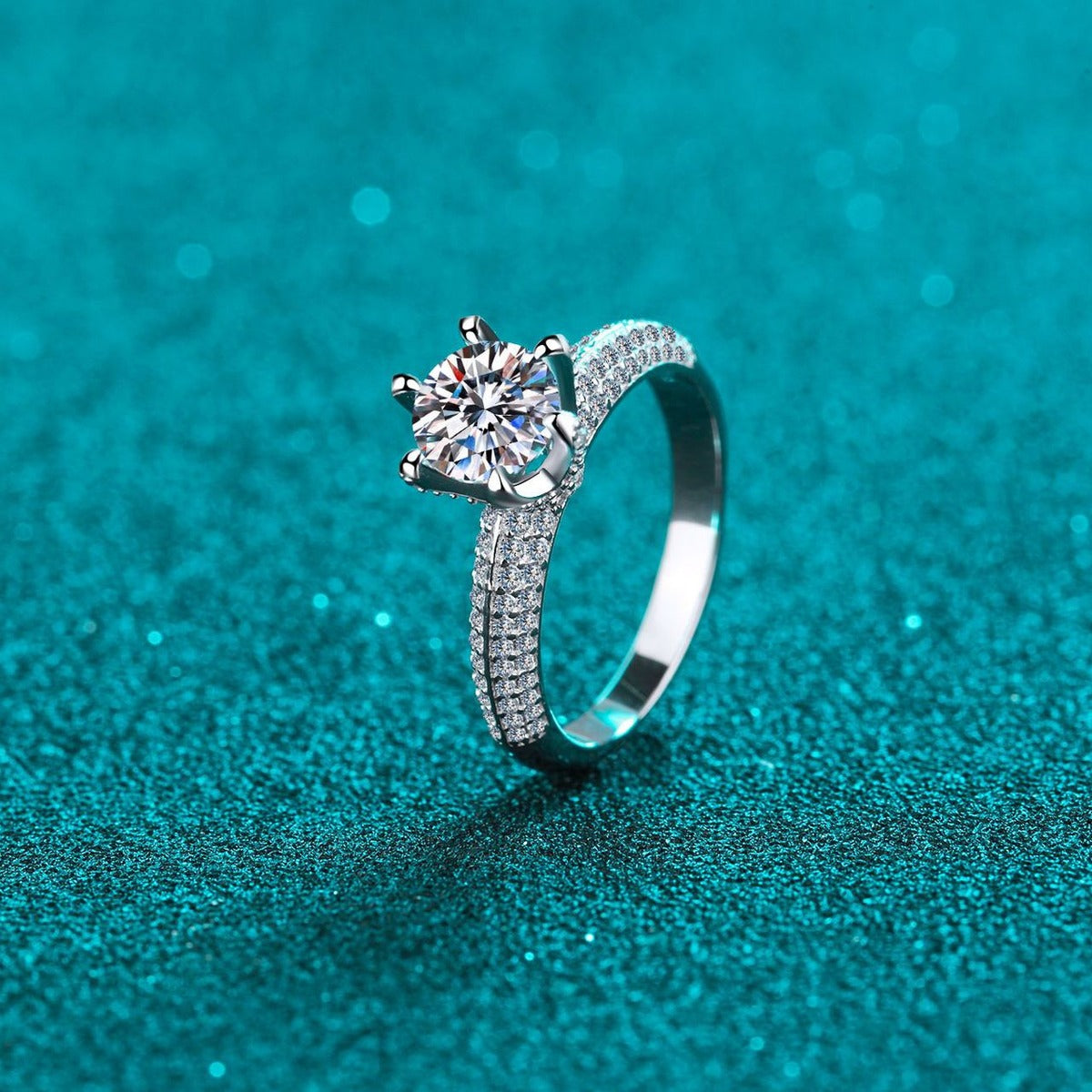 Round Moissanite Side Stone Ring with CZ product view showing moissanite setting and rhodium finish