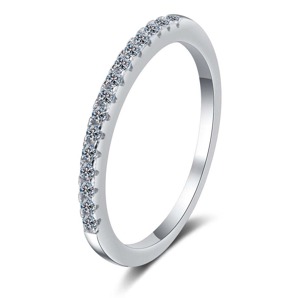 Slim Moissanite Eternity Band Ring in rhodium-plated S925 sterling silver on clean white background