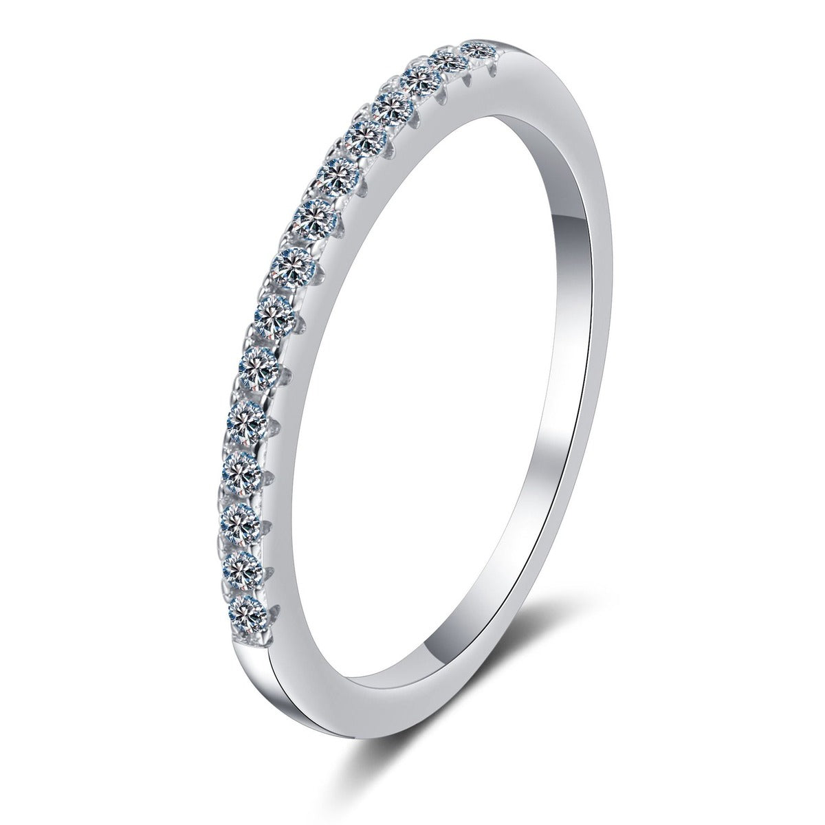 Slim Moissanite Eternity Band Ring in rhodium-plated S925 sterling silver on clean white background