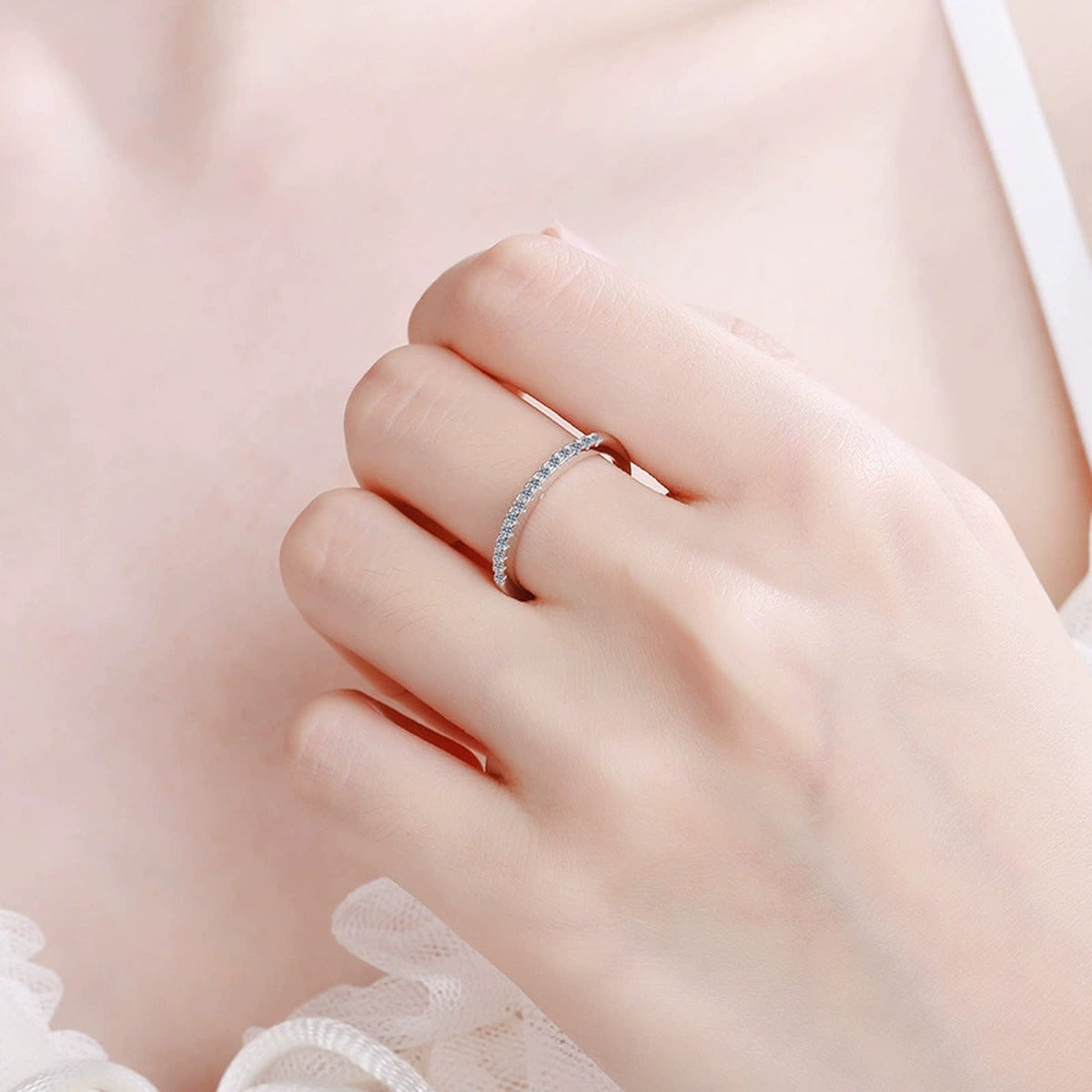 Slim Moissanite Eternity Band Ring worn on hand to show scale and ring profile
