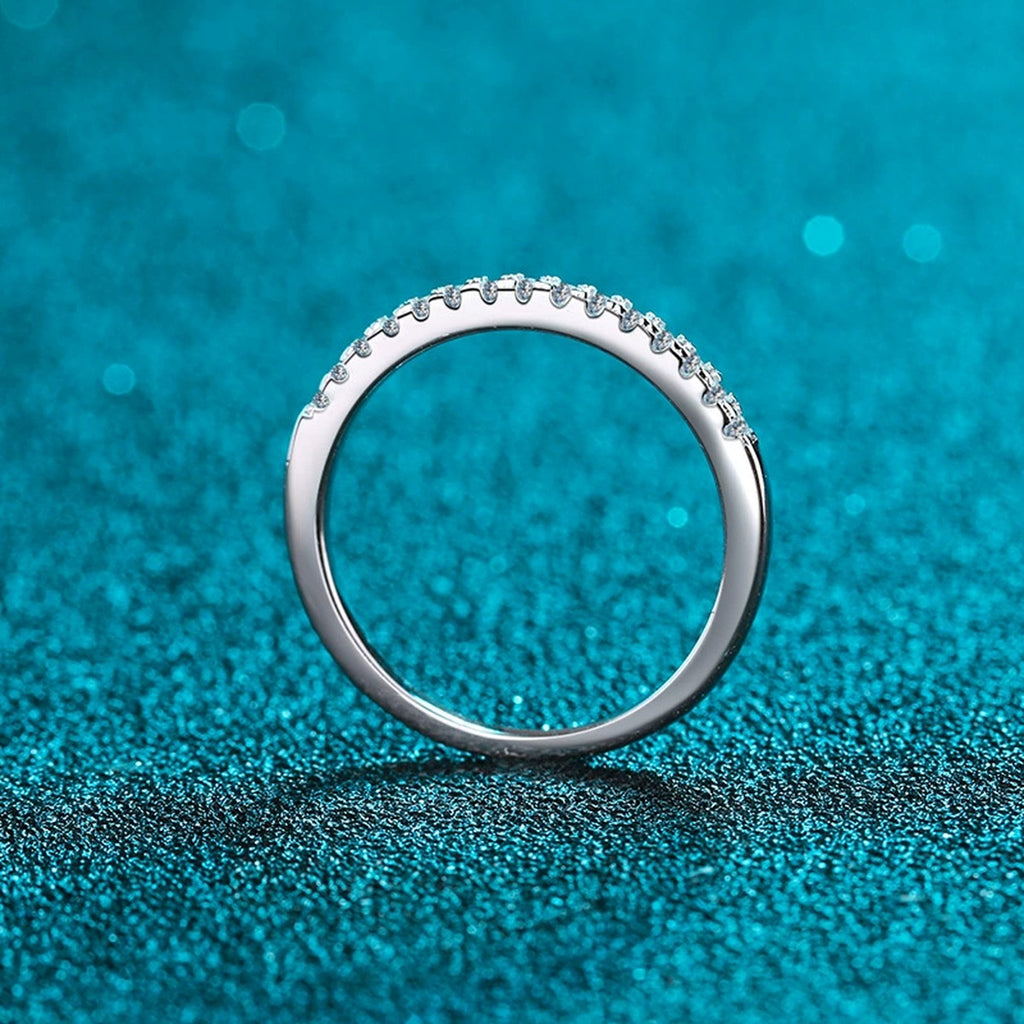 Slim Moissanite Eternity Band Ring product view showing moissanite setting and rhodium finish