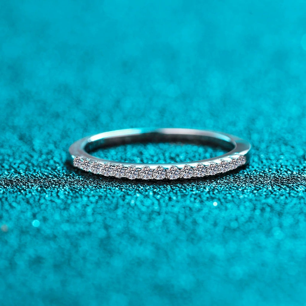 Slim Moissanite Eternity Band Ring product view showing moissanite setting and rhodium finish
