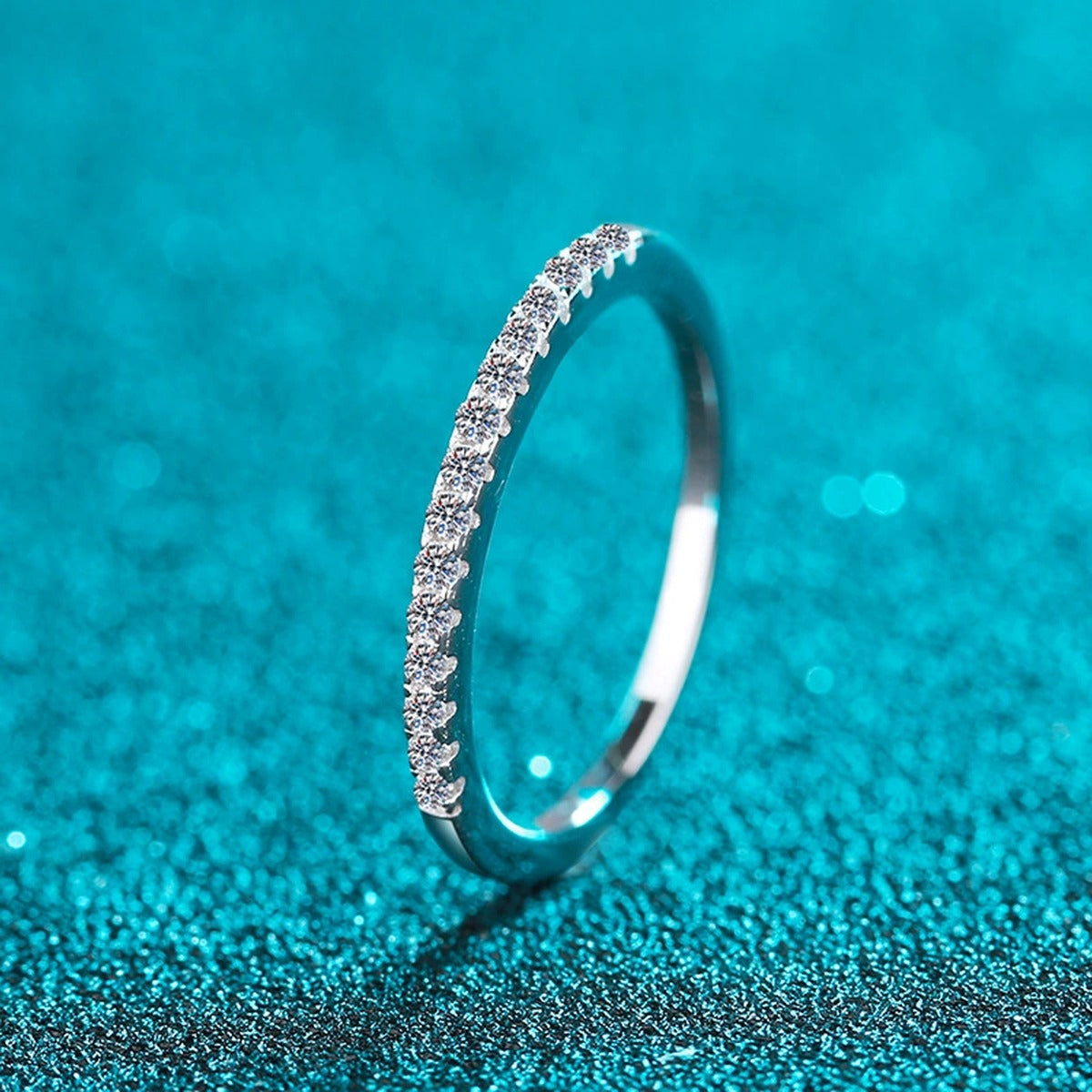 Slim Moissanite Eternity Band Ring product view showing moissanite setting and rhodium finish