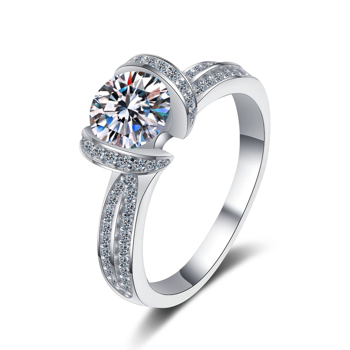 Round Halo Moissanite Ring with CZ in rhodium-plated S925 sterling silver on clean white background