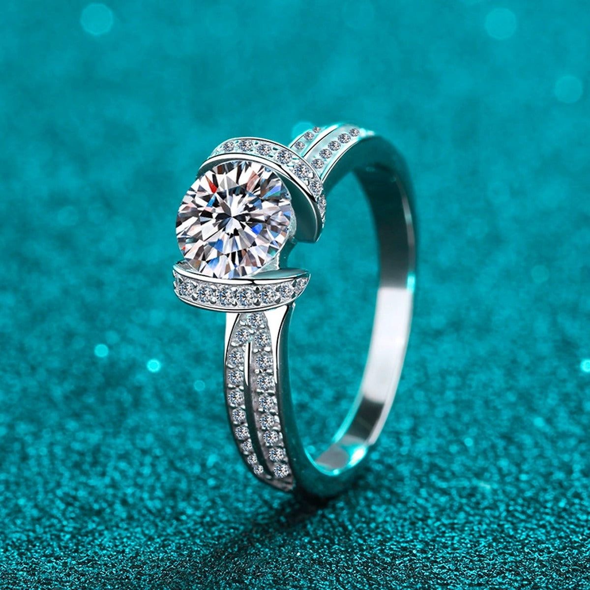 Round Halo Moissanite Ring with CZ product view showing moissanite setting and rhodium finish