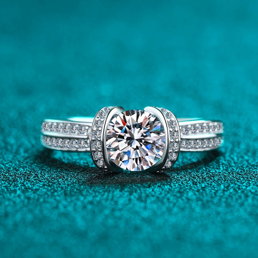 Round Halo Moissanite Ring with CZ product view showing moissanite setting and rhodium finish