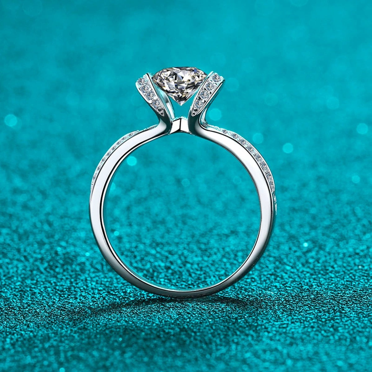 Round Halo Moissanite Ring with CZ product view showing moissanite setting and rhodium finish