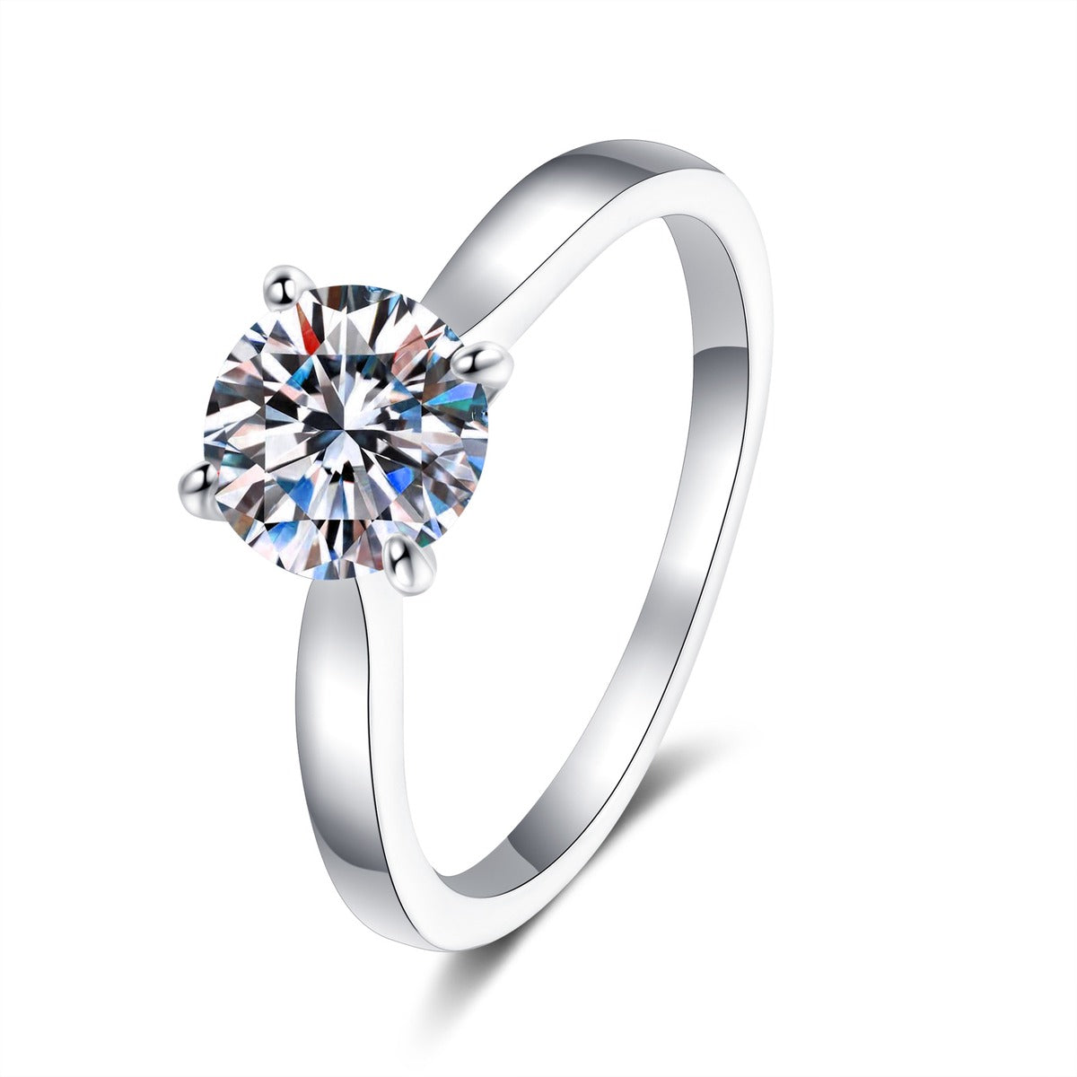 Round Moissanite Ring in rhodium-plated S925 sterling silver on clean white background