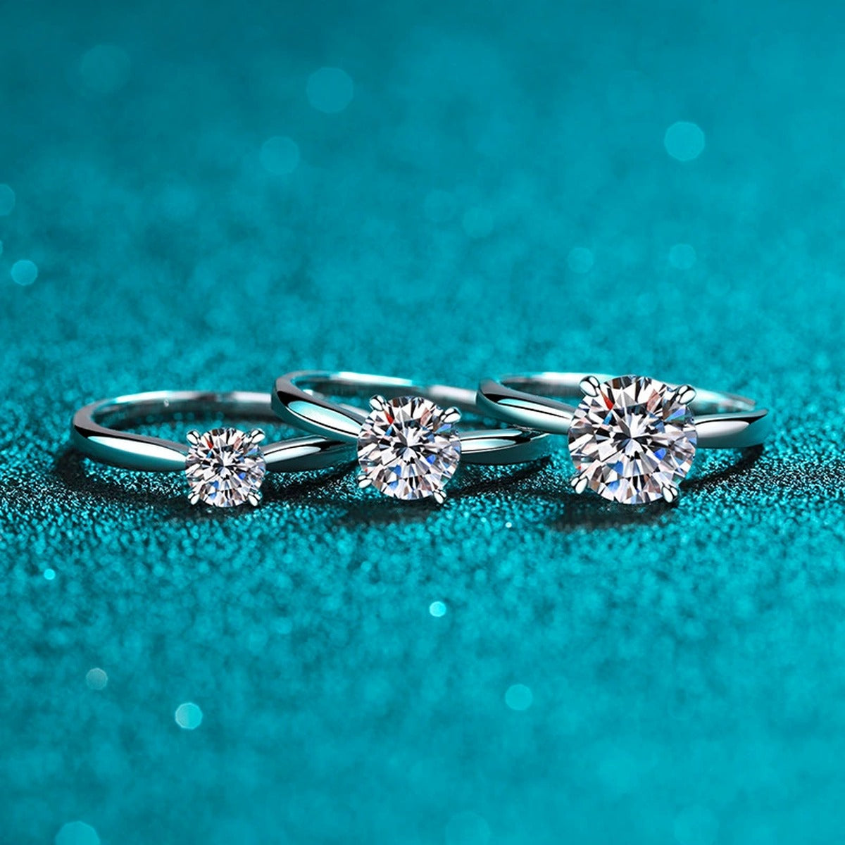 Round Moissanite Ring product view showing moissanite setting and rhodium finish