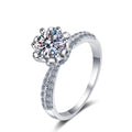 Round Moissanite Side Stone Ring with CZ in rhodium-plated S925 sterling silver on clean white background
