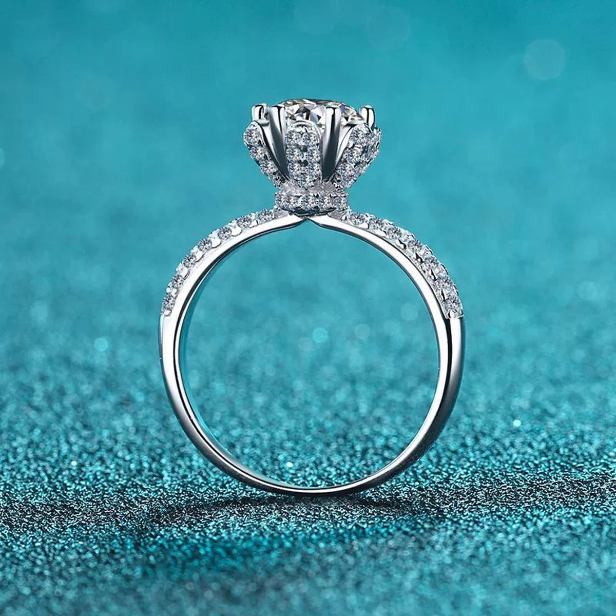 Round Moissanite Side Stone Ring with CZ product view showing moissanite setting and rhodium finish