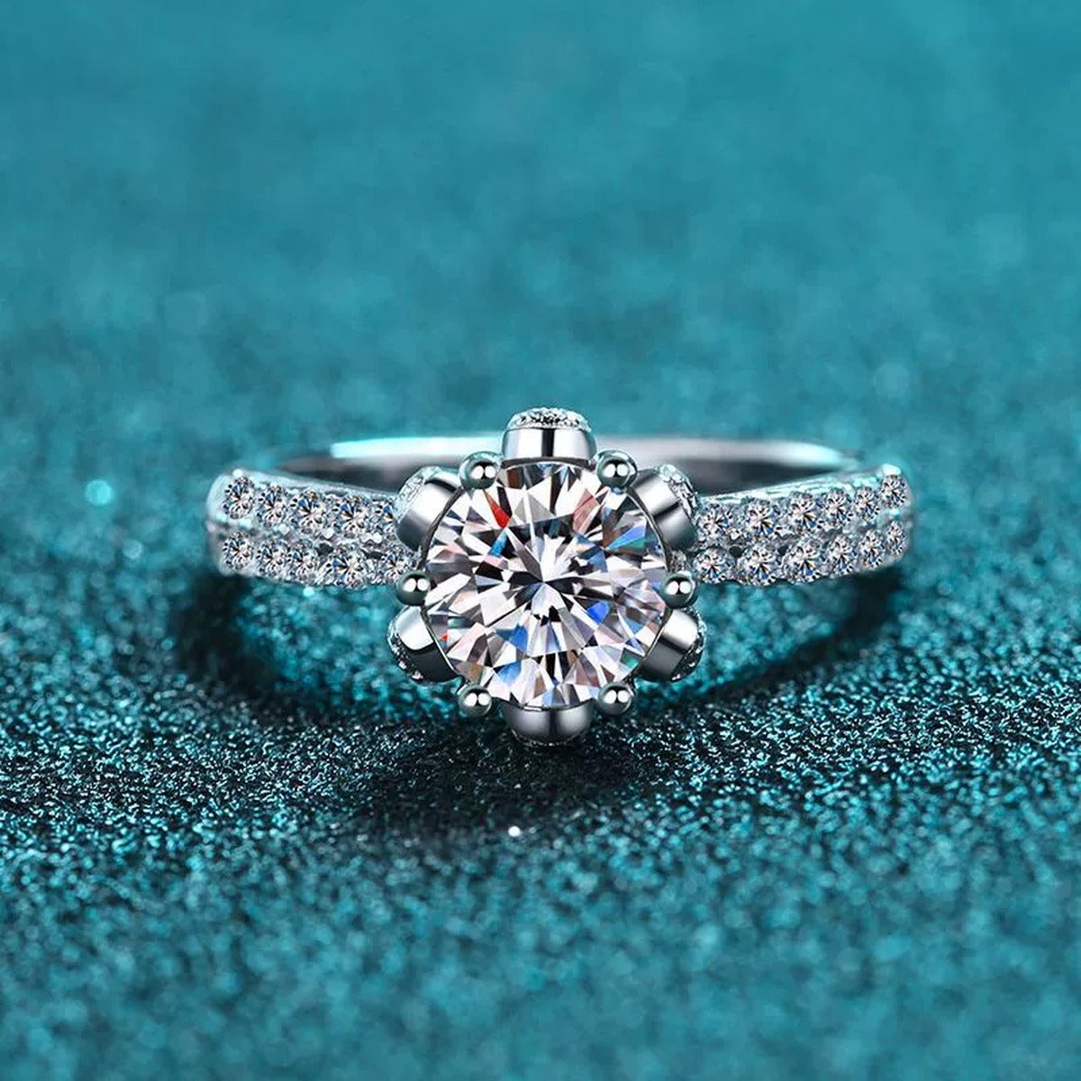 Round Moissanite Side Stone Ring with CZ product view showing moissanite setting and rhodium finish