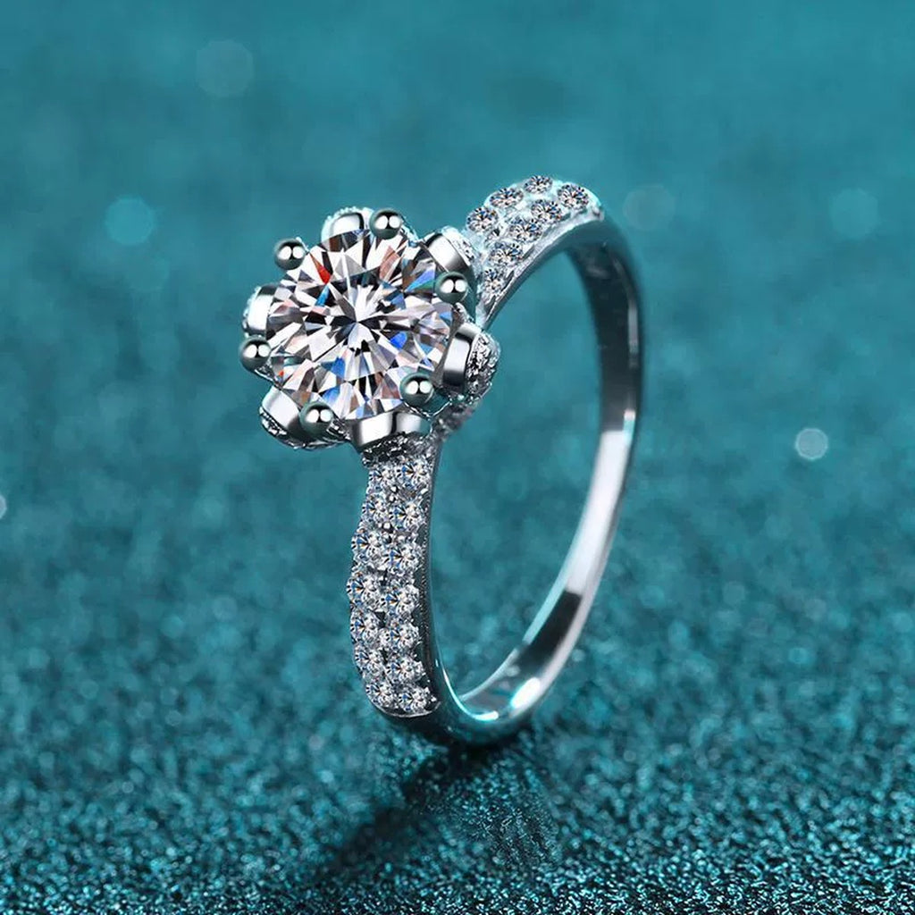 Round Moissanite Side Stone Ring with CZ product view showing moissanite setting and rhodium finish