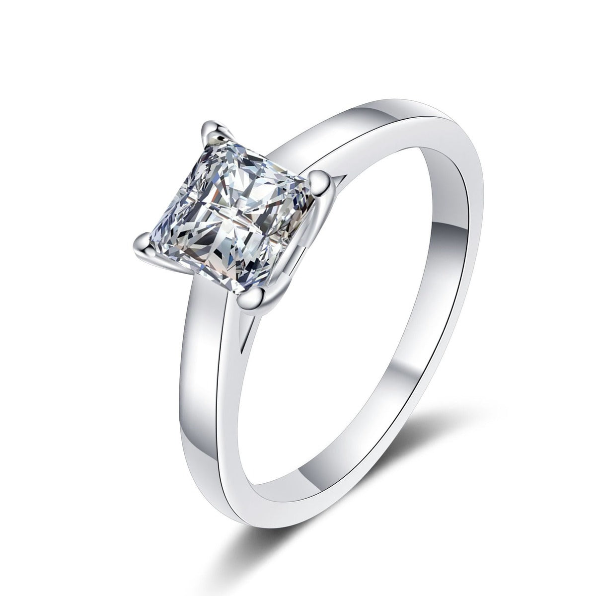 Princess Cut Moissanite Ring in rhodium-plated S925 sterling silver on clean white background