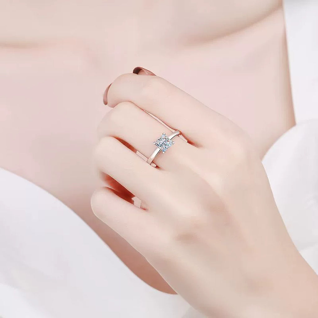 Princess Cut Moissanite Ring worn on hand to show scale and ring profile