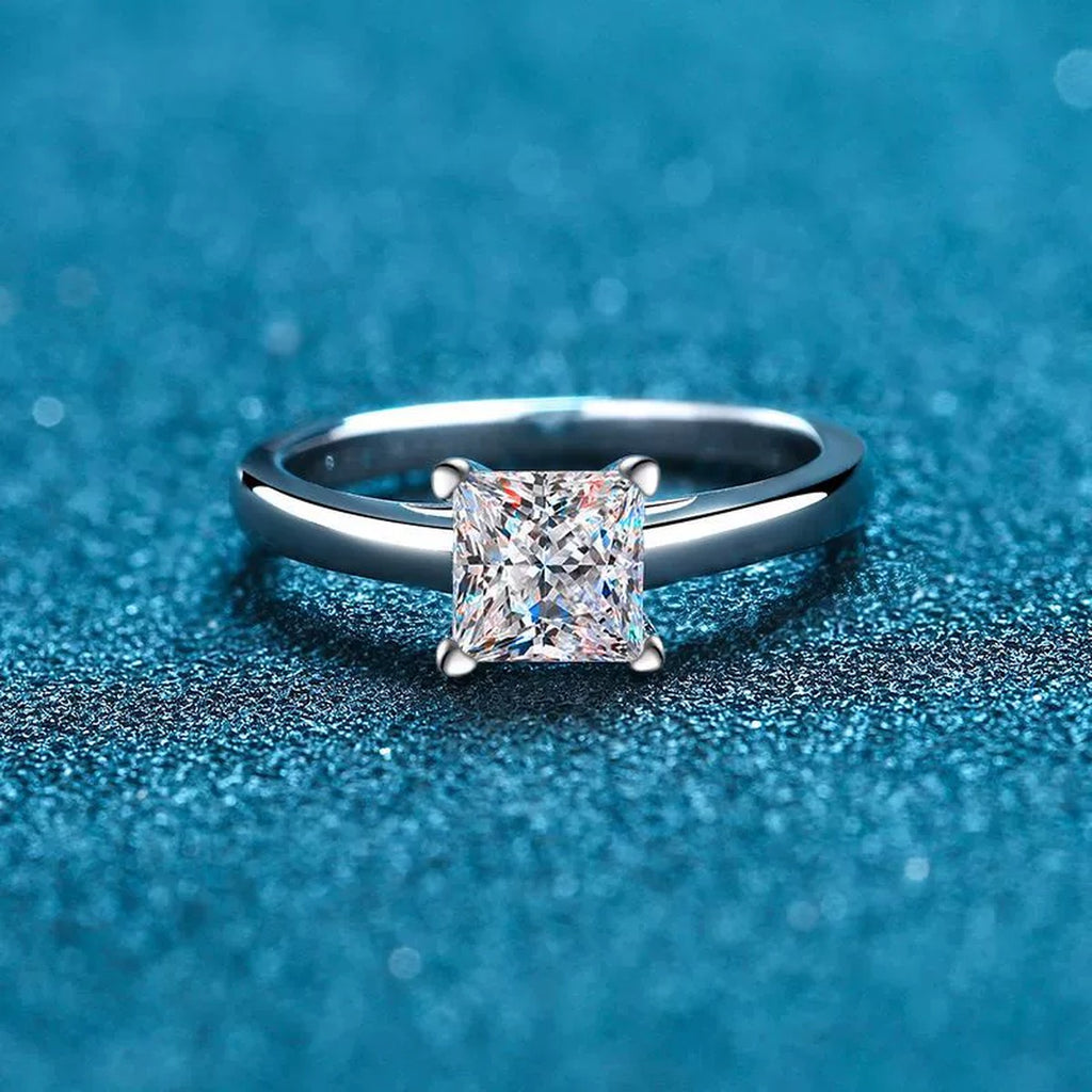 Princess Cut Moissanite Ring product view showing moissanite setting and rhodium finish
