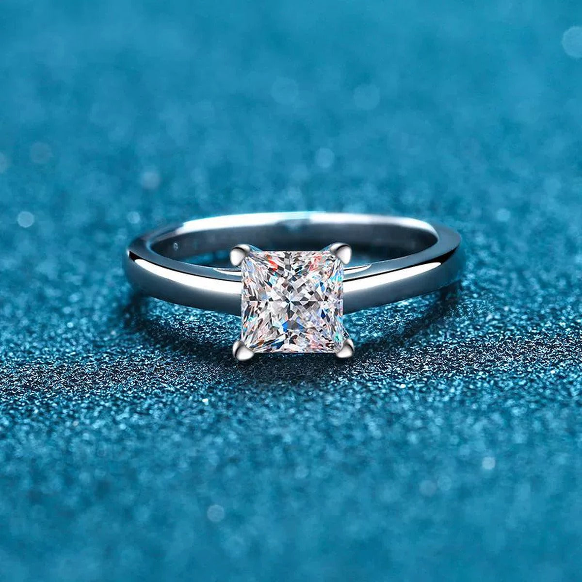 Princess Cut Moissanite Ring product view showing moissanite setting and rhodium finish