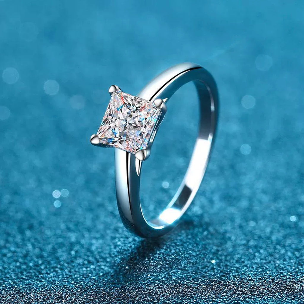 Princess Cut Moissanite Ring product view showing moissanite setting and rhodium finish