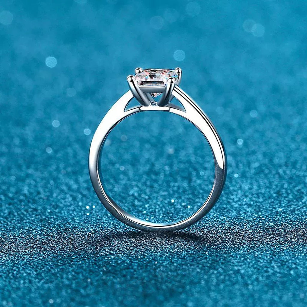 Princess Cut Moissanite Ring product view showing moissanite setting and rhodium finish
