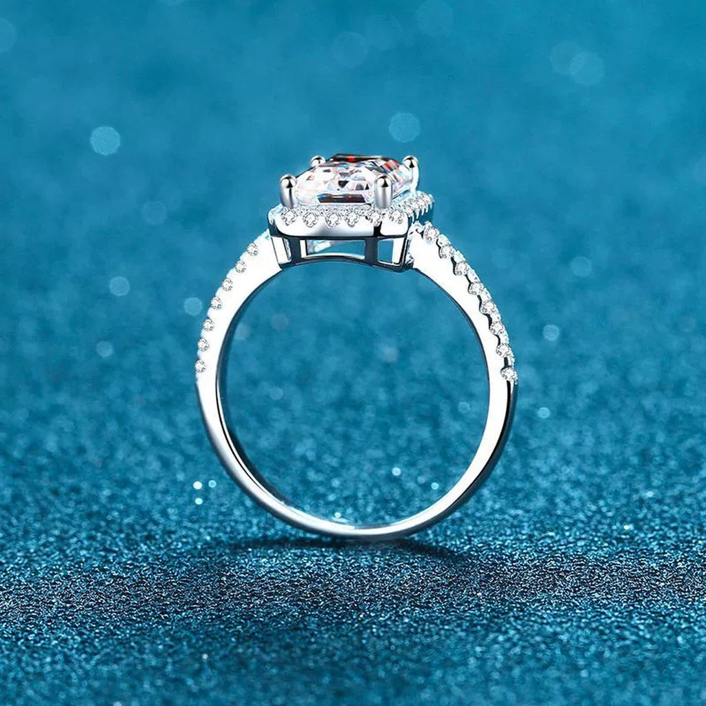 Emerald Cut Moissanite Halo Ring with CZ product view showing moissanite setting and rhodium finish