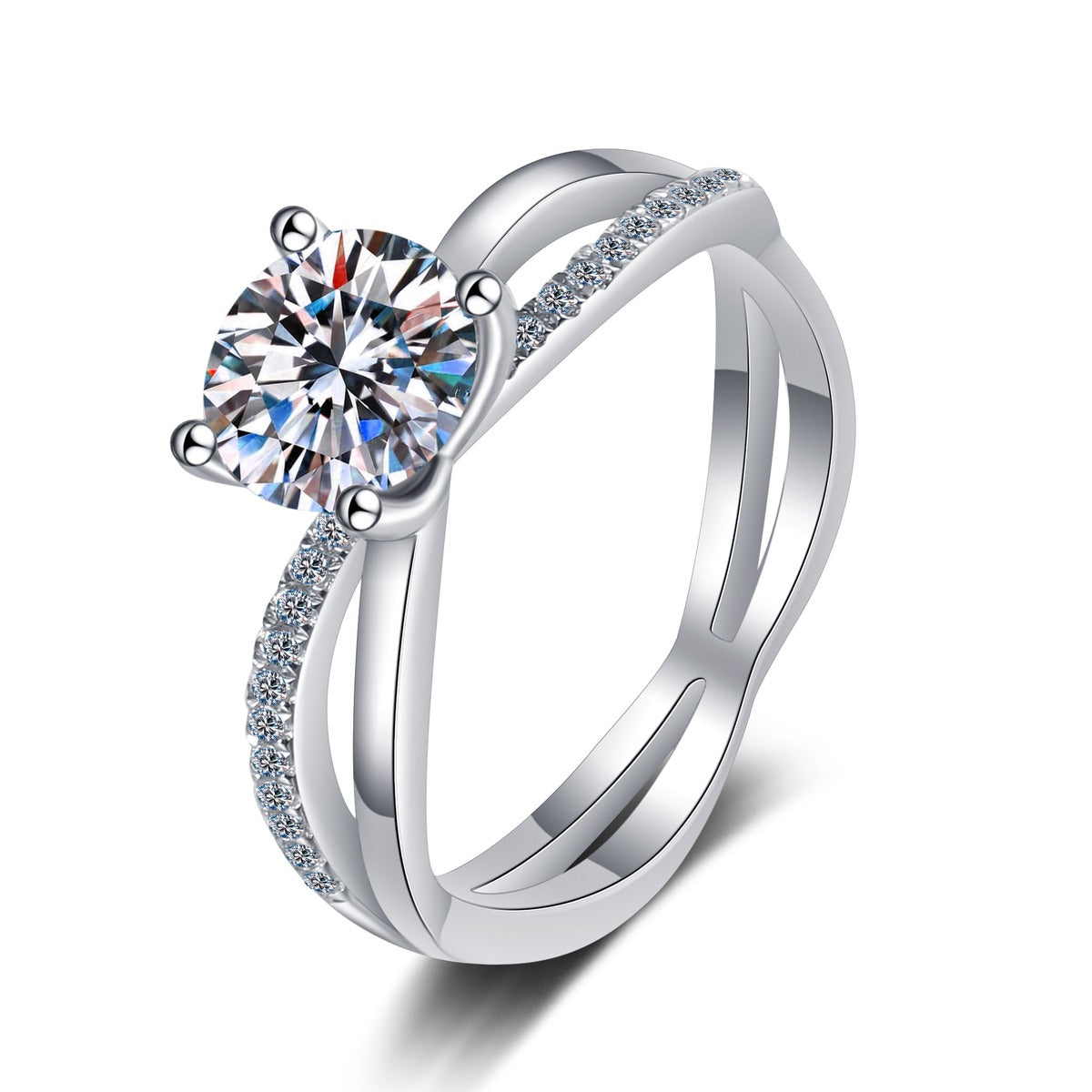 Round Moissanite Side Stone Ring with CZ in rhodium-plated S925 sterling silver on clean white background