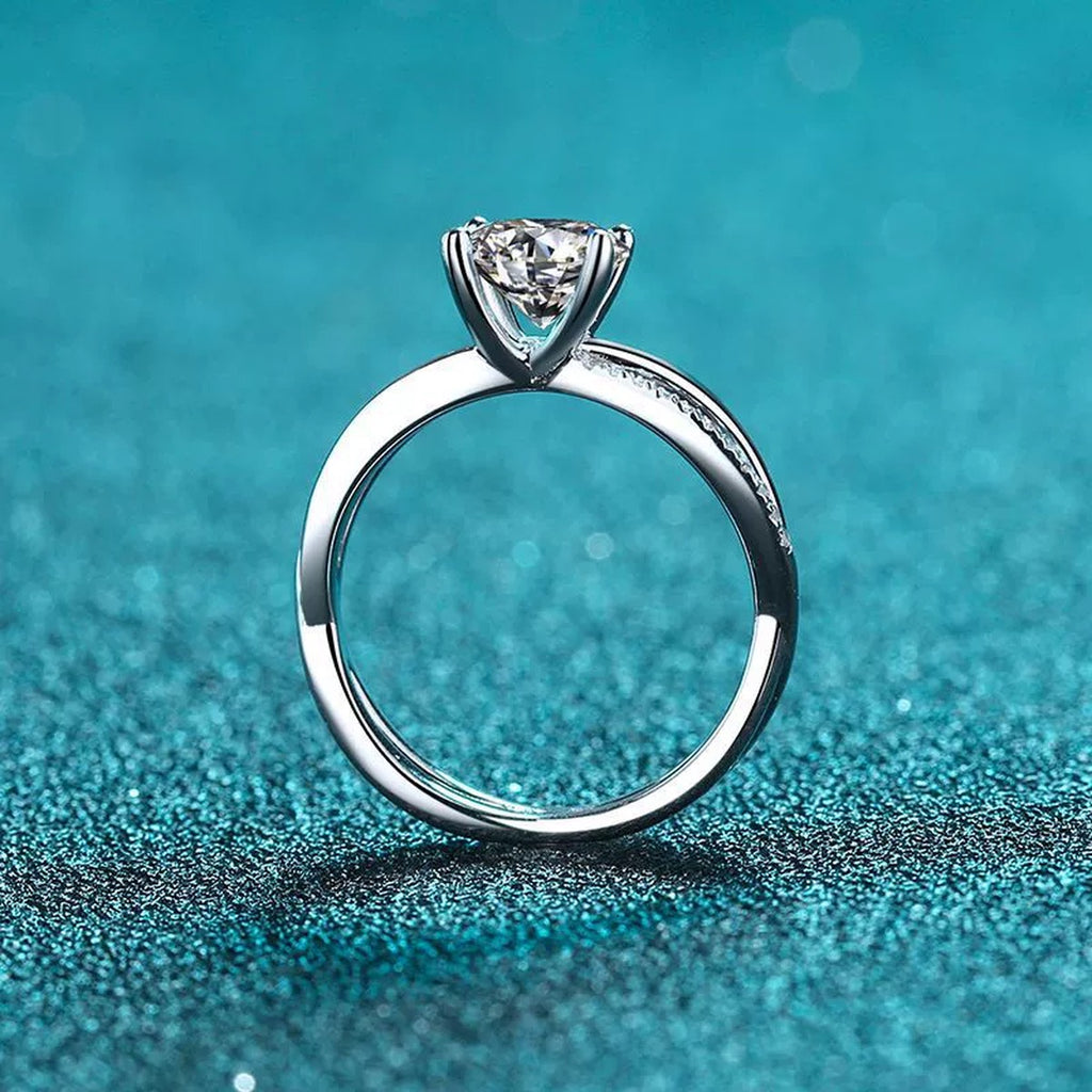 Round Moissanite Side Stone Ring with CZ product view showing moissanite setting and rhodium finish