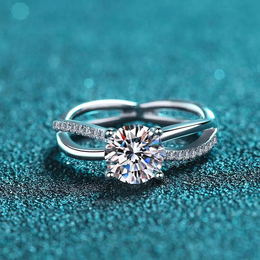 Round Moissanite Side Stone Ring with CZ product view showing moissanite setting and rhodium finish