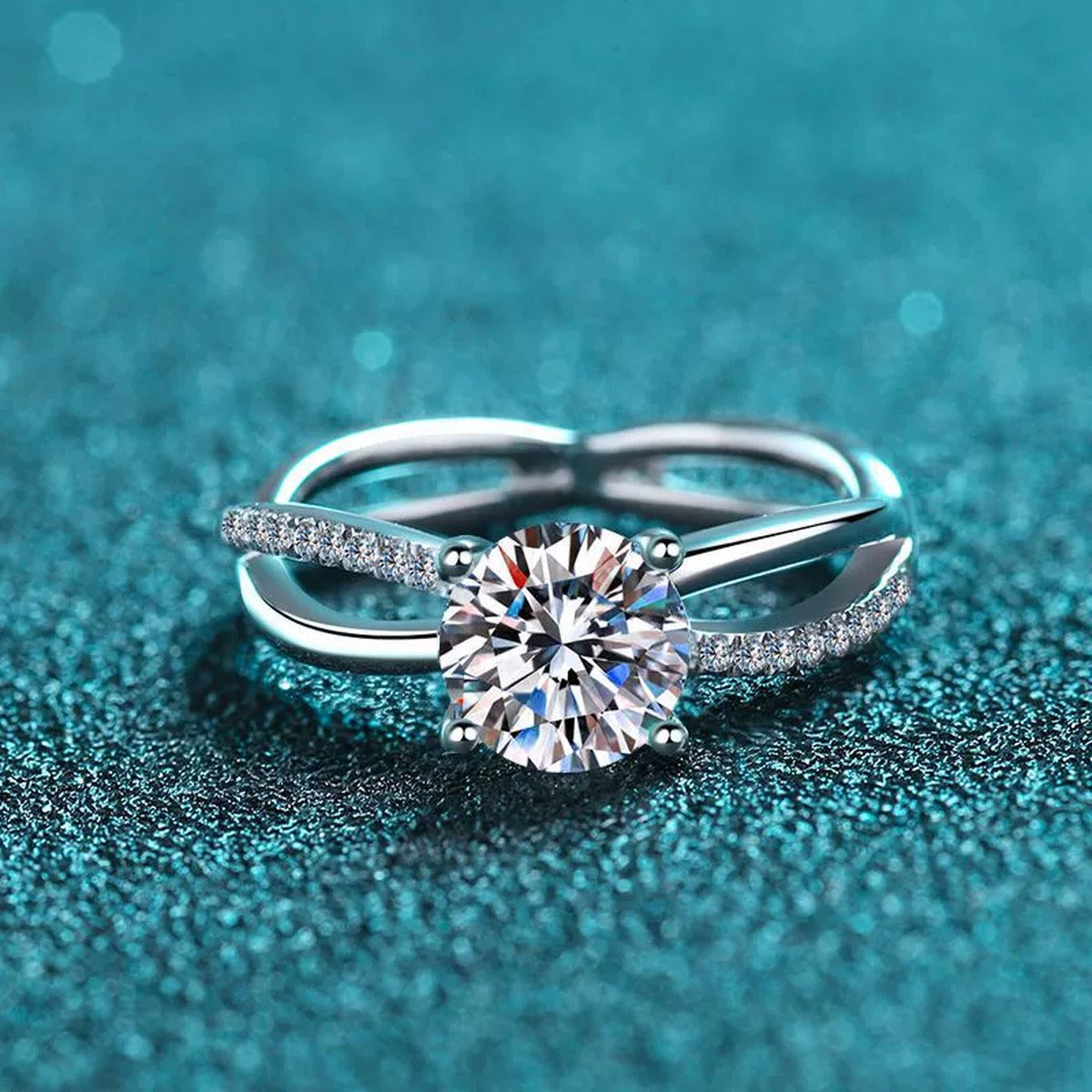 Round Moissanite Side Stone Ring with CZ product view showing moissanite setting and rhodium finish