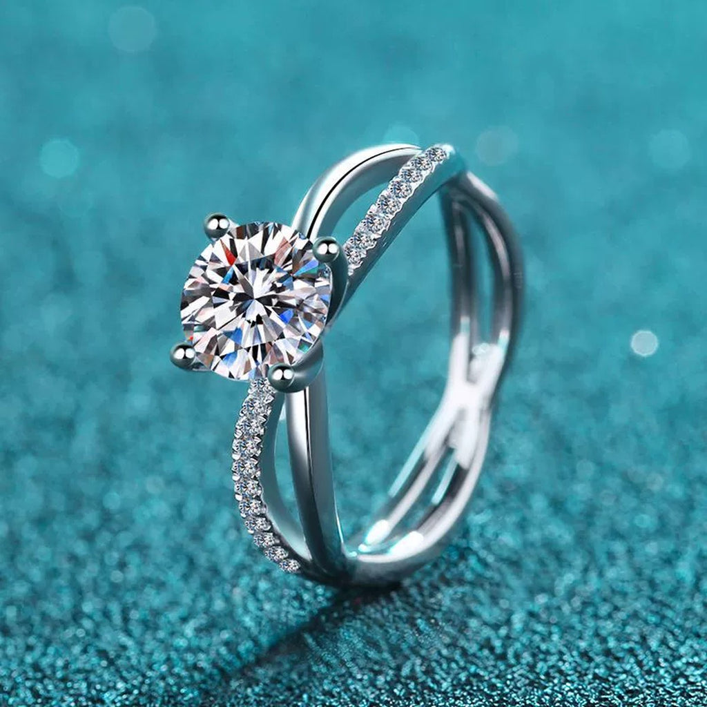 Round Moissanite Side Stone Ring with CZ product view showing moissanite setting and rhodium finish