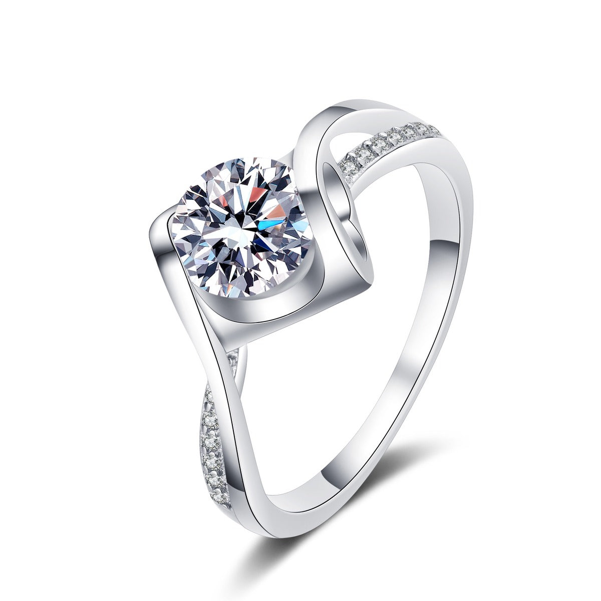 Round Moissanite Side Stone Ring with CZ in rhodium-plated S925 sterling silver on clean white background