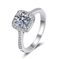 Cushion Halo Moissanite Ring with CZ in rhodium-plated S925 sterling silver on clean white background