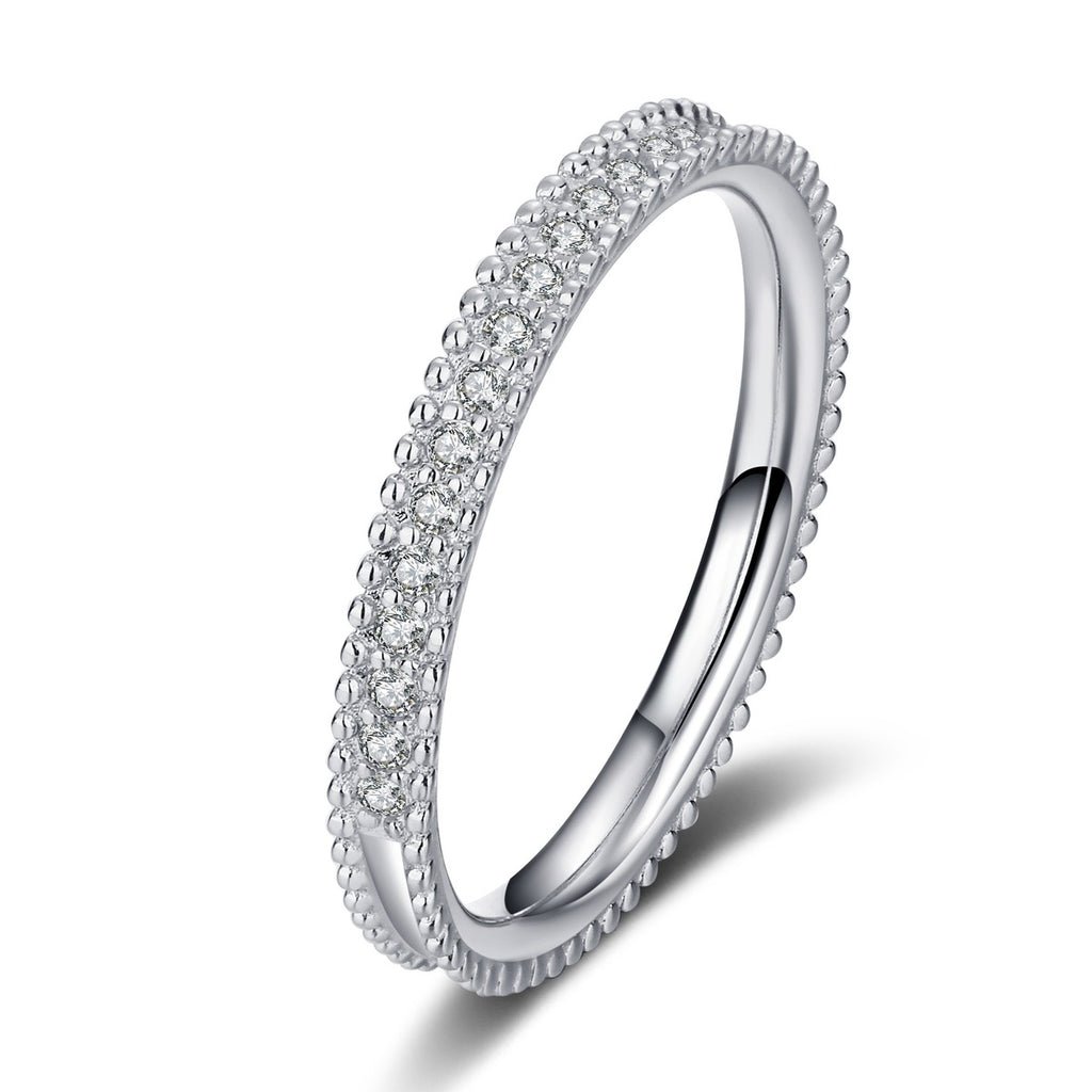Round Moissanite Ring in rhodium-plated S925 sterling silver on clean white background